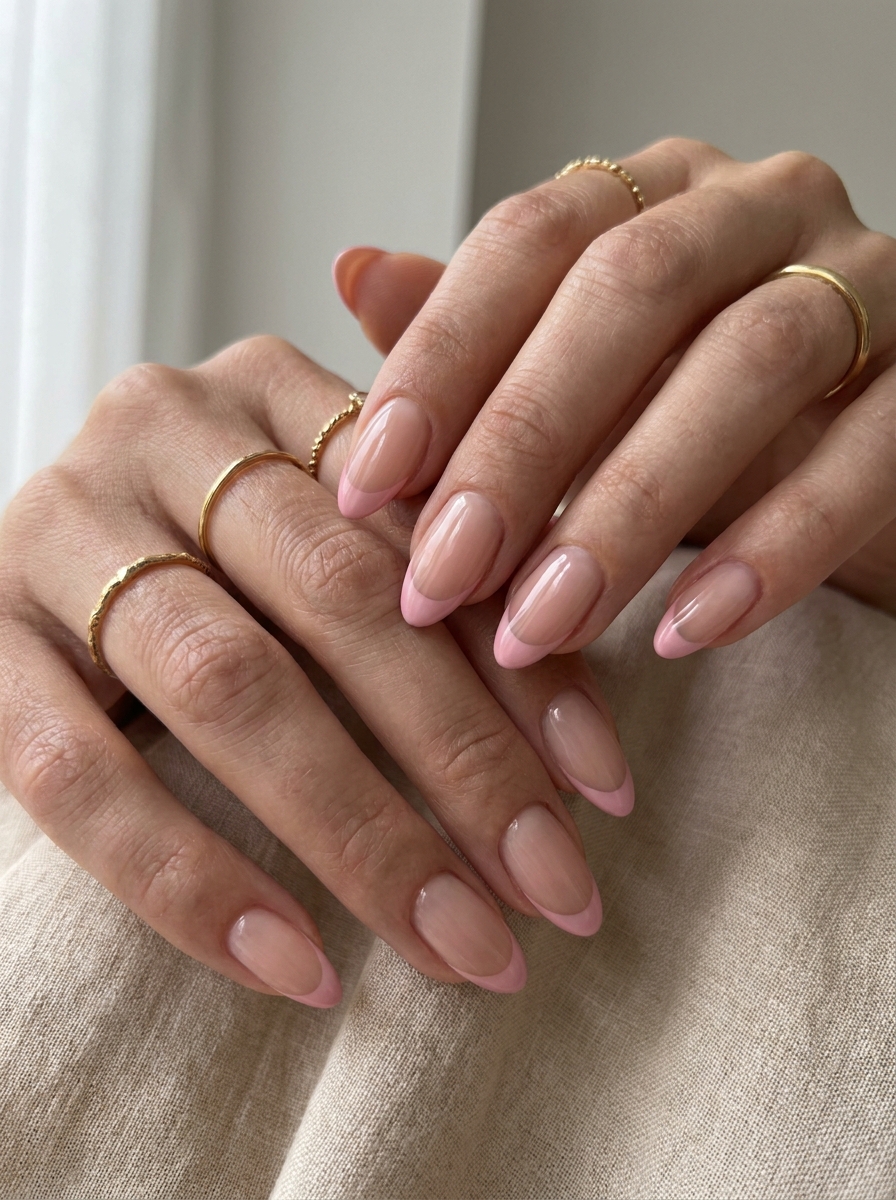 Rosé Pink French Tips mit natürlicher Basis und rosafarbenen Nagelspitzen